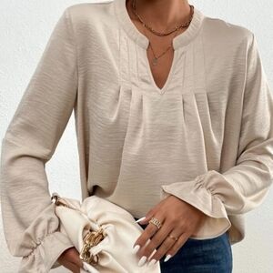 Elegant Cream/ Khaki Women's Blouse Flounce Sleeve Notched Neck Classy